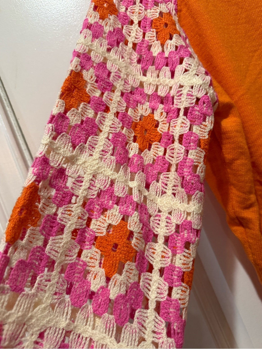 DAVI & DANI Orange Knit Sweater with Pink and Cream Crochet Sleeves - Picture 4 of 7